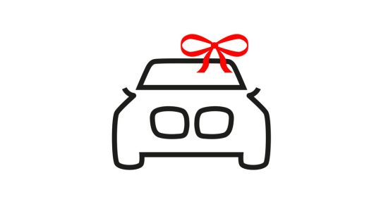 Das Bild ist eine Schwarz-Weiß-Strichzeichnung, die ein Auto mit einer roten Schleife auf dem Dach zeigt. Es symbolisiert ein Auto als Geschenk oder als Neuwagen.
